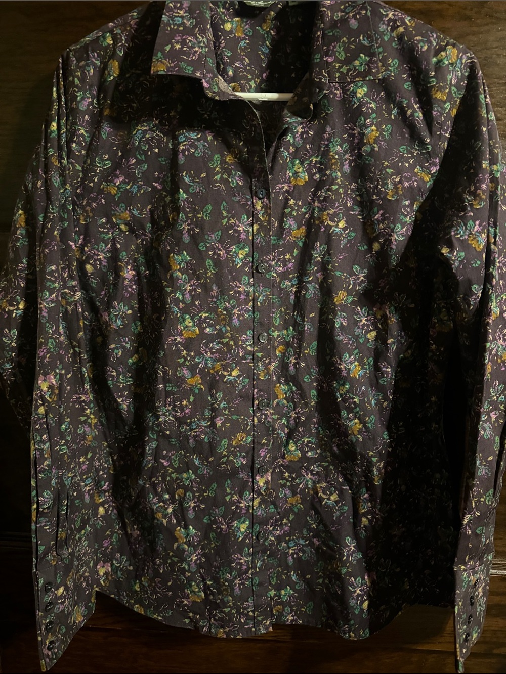 Eddie Bauer Dark Purple Floral Stretch Wrinkle Resistant Button-Down Shirt